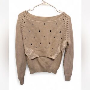 Patrizia Pepe Tan Sweater with Lace and Embroidery
